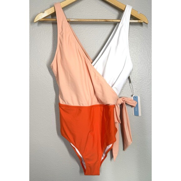 NWT Cupshe Orange &‎ White Bowknot One piece Swimsuit Womens Size L Beach Pool - Picture 4 of 11